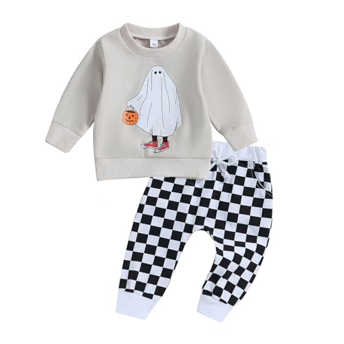 SAYOO Halloween Baby Boy Girl Clothes Funny Ghost Face Pullover Sweatshirt Jogger Pants 2Pcs Fall Holiday Sweatsuits Outfit (White Beige, 0-6 Months)