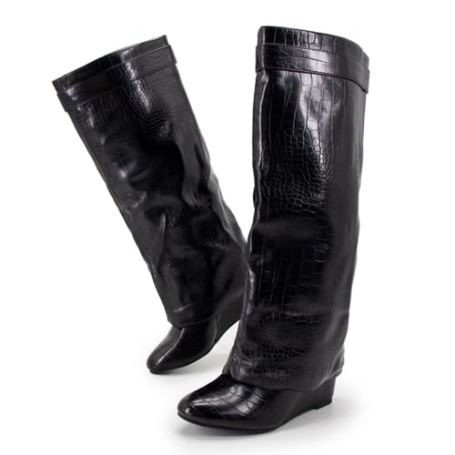 Image of Fold Over Boots for Women Knee High Shark Boots Wedge Heel Flat Shoes | Women's Long Boots, Wide Calf, Fall Winter Shoes