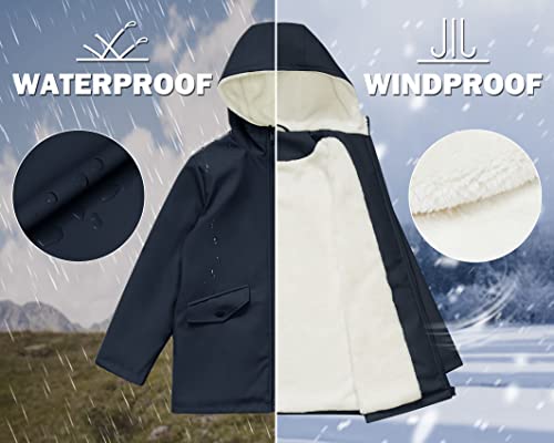 Image of SOLOCOTE Kids Rain Jacket Hooded Lined Rubber RainCoats for Girls Boys Waterproof Windproof SLN2256-Navy-6Y