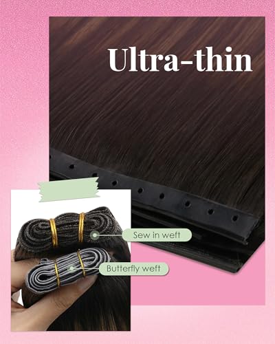 Image of YoungSee 100g Butterfly Weft Hair Extensions Dark Brown Ombre Medium Brown, Balayage Human Hair Butterfly Weft Extensions with Micro Beads, OVO Wefts Real Human Hair for Women 18 Inch