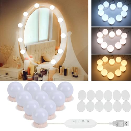Image of Mirror Lights Hollywood Style Makeup Vanity Light for Mirror, Vanity Lights with 10 Dimmable Bulbs, USB Cable, 3 Color Modes & 10 Adjustable Brightness (USB Charger Not Include)