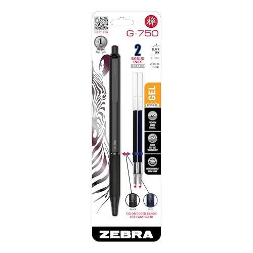 Zebra Pen G-750 Gelschreiber, einziehbar, schwarzer Messingschaft, mittlere Spitze, 0,7 mm, schwarze Tinte, 1 Stück (49811)