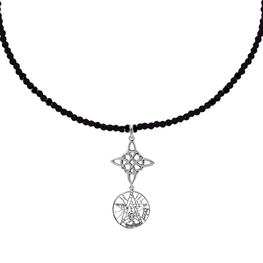 Halskette aus 925er-Sterlingsilber mit doppeltem Schutz, schwarzer Stein – handgefertigter Amulett für Damen – Spiritueller Schmuck mit Charm Anhänger Hexenknoten und Tetragramaton – 45 cm