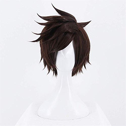 ydound KEEBON Game OW Overwatch Tracer Short Brown Cosplay Wig Synthetic Halloween Costume Party Stage Play Brown Hair Wigs Coser Wig