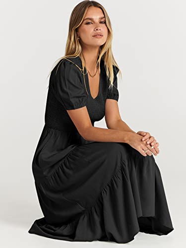Logene Womens Summer V Neck Short Sleeve Dress Ruffle Midi Dress With Pockets 5L24 Heise L Black #TOP4