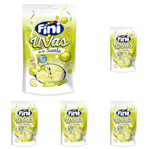 Fini Uvas de la Suerte | Gominolas de Navidad, Sin Gluten | Chuches Sabor Fresa Melón - 30 gr (Paquete de 5)