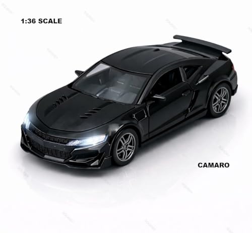 Image of Chevrolet Camaro Toy Car 1:36 Scale Diecast Metal Pull Back Vehicle with Openable Doors, Lights & Music - Sports Model for Kids, Boys & Collectors (Black)