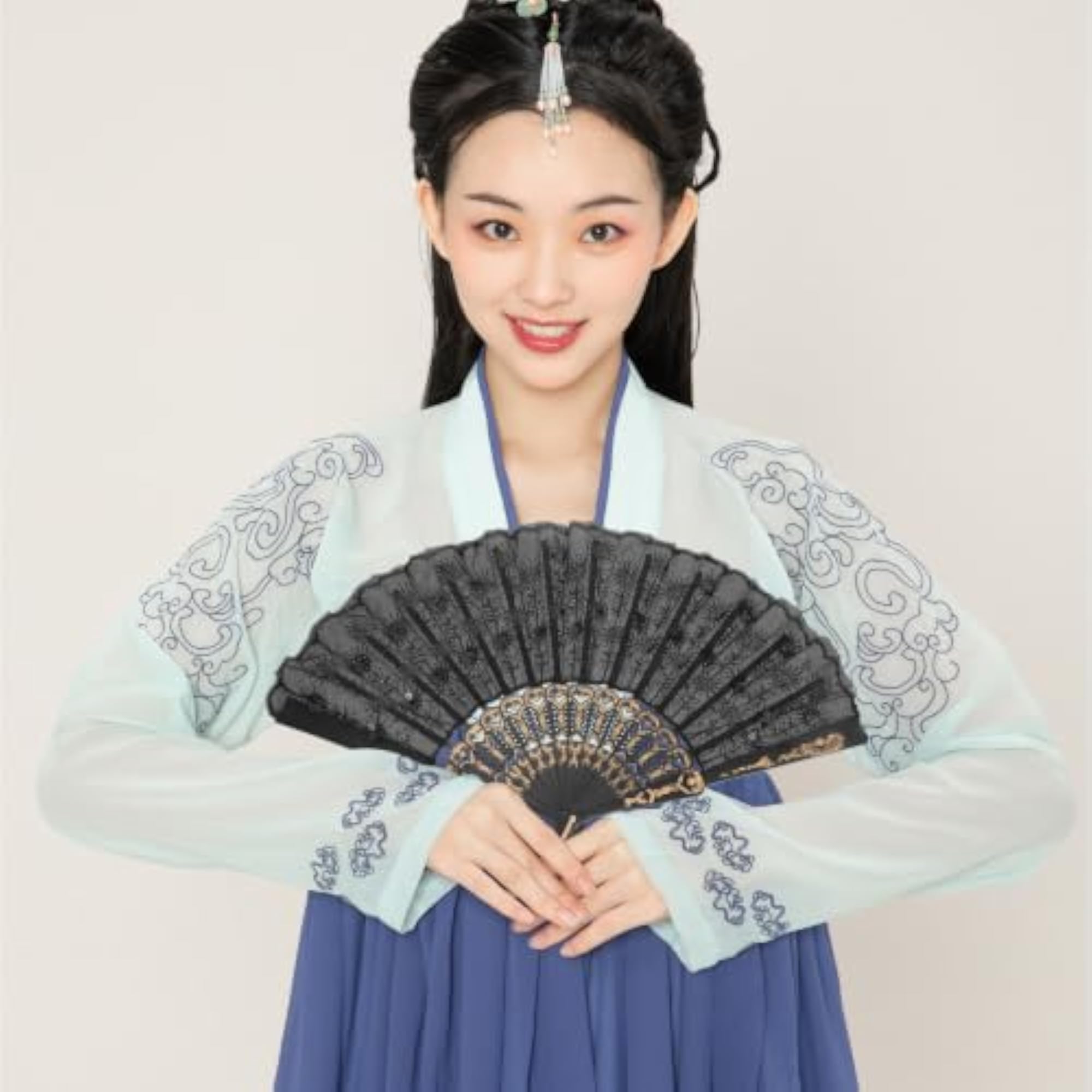 Black Embroidered Sequin Folding Fan for Dance