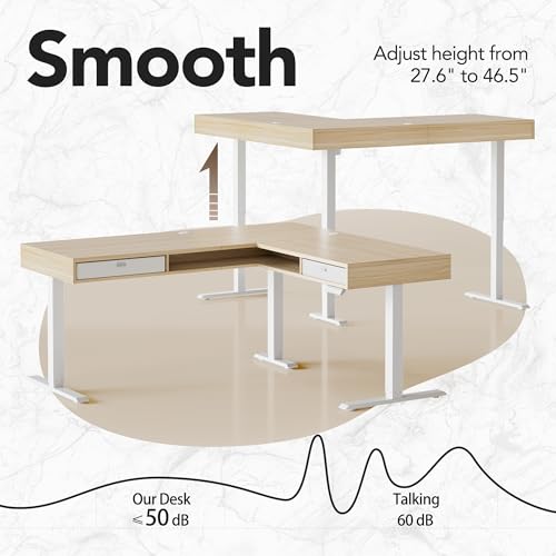 Image of HUANUO 83 inch Electric L Shaped Standing Desk with File Cabinet, Light Walnut | 63 inchx55 inch L-Shaped Corner Desk,3-Drawer File Cabinet,2 Fabric Storage Drawers,220lbs Carbon Steel,27.6 inch-46.5 inch Adjustable Height