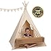 Produktbild Canicove Tipi Zelt Für Kinder - Faltbares Indoor & Outdoor Set Baumwolle Naturfarben mit Massivholzpfosten & Jux Flaggen für 2 Jungen & Mädchen (Naturfarben) Segeltuch Wigwam