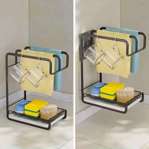 Image of Wall-Mounted Kitchen Organizer with Drain Tray - Space-Saving Sponge Holder & Dish Drying Rack for Efficient Kitchen Storage