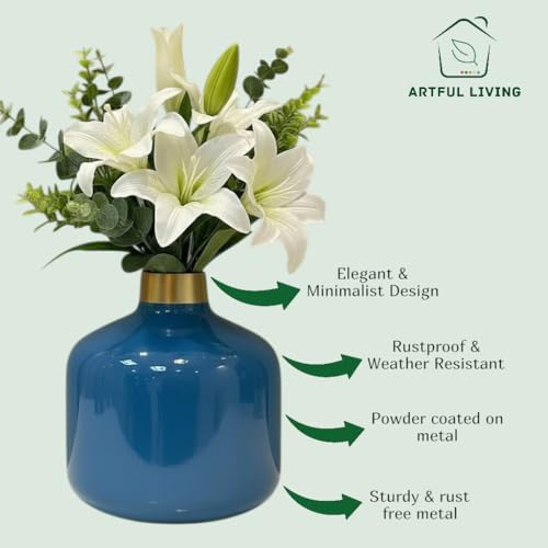 Image of Artful Living India - Round Metal Flower Vase | Round Vintage Vase for Living Room, Table, Office Decoration & Home Decor | Antique Decorative Metal Vase (Royal Blue)