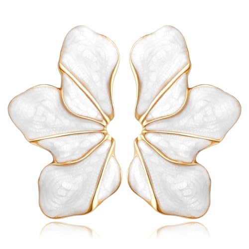 Nylry Chunky Gold Earrings for Women Large Gold flower Earrings Tropical White Floral Earring Big Summer Beachy Studs Earring Statement Trendy Jewelry Fashion Vacation Accessories for Women-White