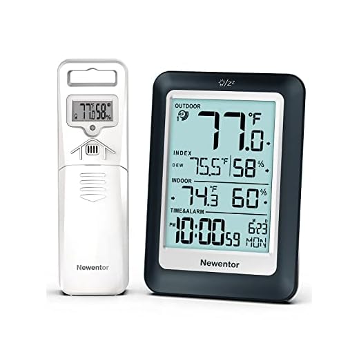 Newentor Indoor Outdoor Thermometer Wireless, Digital Clock Temperature Humidity Monitor Hygrometer Gauge Weather Station with Time Calendar for Patio Home