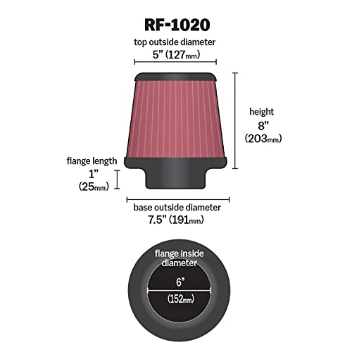 K&N High-Flow Original Lifetime Universal Clamp-On Air Filter: High Performance, Premium, Washable: Flange Diameter: 6 In, Filter Height: 8 In, Flange Length: 1 In, Shape: Round Tapered, RF-1020 by K&N - Image 2