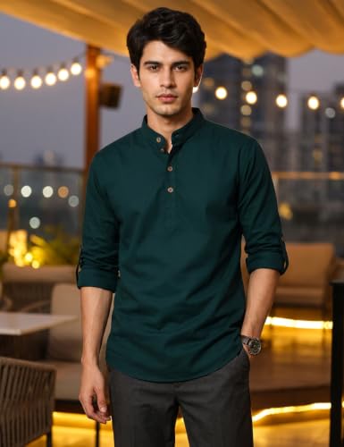 Image of Fifth U Men's Cotton Polyester Blend Solid Mandarin Collar Self Design Full Sleeve Casual Short Kurta