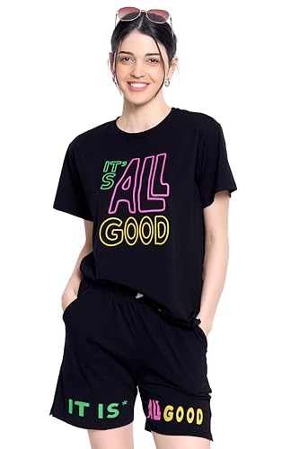 Image of ZEYO Night Suit for Women's Typography Printed Cotton Night Dress of Top and Shorts