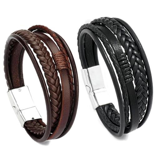 YUBBYSTU Bracelet homme, bracelet en cuir pour homme en noir et en marron, Bracelet Ajustable, Bracelets Style Tressé, Large Bracelet Nroulé Et Accessoires de Bijoux...
