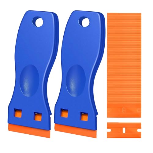 2PCS Plastic Scraper with 100 Plastic Blades, Glass Scraper, Multipurpose Plastics Non-Scratch Scraper Tool Kits for Cleaning Labels and Decals from Glass, Windshields, Oven Scraper