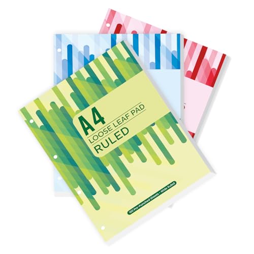 Image of amazon basics Loose Leaf Report Pad | A4 Size | Ruled | Pre Punched for Easy Filing | Easy Tear Off Sheets | Multi-Coloured Cover | Pack of 3 (100 Sheets Each)