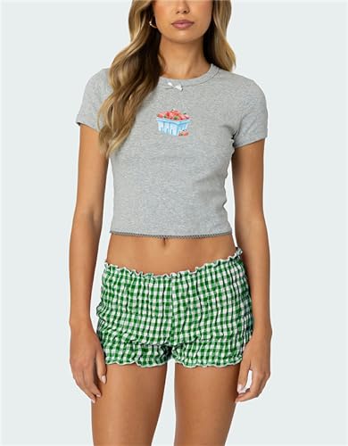 Image of Yuemengxuan Women Y2k Ruffle Shorts Ruched Plaid Shorts Micro Shorts Pajama Bottoms Y2k Cute Fairy Lace Edge Pettipants