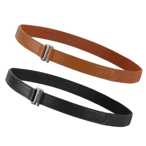 JASGOOD 2 Pack Women No Show Stretch Belts Elastic Web Strap Waist Belt with Flat Buckle for Jeans Pants Dresses