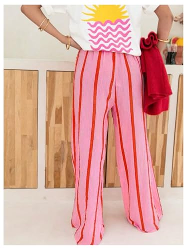 Women's Striped Wide Leg Palazzo Pants Elastic High Waisted Casual Long Trousers with Pockets3