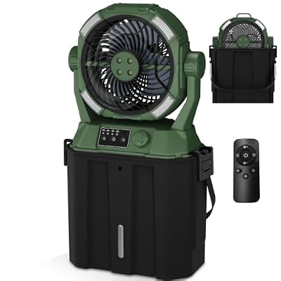 Wilody Portable Misting Fan 20000mAh Rechargeable Battery, 6L Bucket Outdoor Fan with LED Lights & Stepless Speed Control & Cooling Mist, Battery Powered Fan for Outdoor Patio Camping (Dark Green)