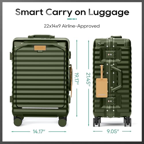 Image of Joyway 20 Inch Carry on Luggage with Aluminium Frame and Front Pocket, PC Hardshell Suitcase with USB Port and Cup Holder, 21.5x14.2x9 Airline Approved Luggage with Spinner Wheel, TSA Lock(Dark Green)