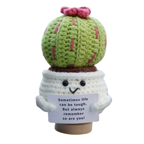 Ligficn Crochet Positive Cactus, Cute Funny Potato Emotional Positive Life Plant Ornaments Gifts with Encouraging Card for Office Desk, Car Dashboard, Home Decoration,Cactus