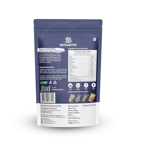 Image of BOTANBITES Chia Seeds 250g | Rich in Omega-3, Fibre & Protein | Superfood for Fat Loss, Digestion & Energy | Gluten-Free & Vegan Seeds for Eating | Ideal for Smoothies, Salads & Puddings (250g)