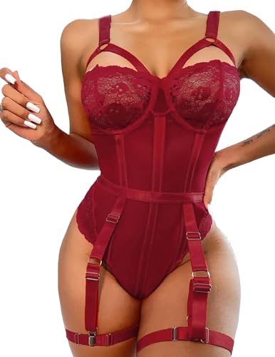 Image of SSoShHub Women Lingerie Set Lace Teddy Strap Babydoll Bodysuit Bikini with Garter Belt One Piece Lingerie Strappy Lingerie