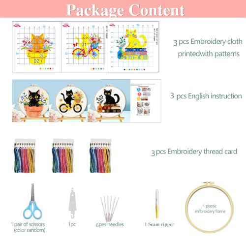 Image of Zhenqing 3-Piece Black Cat Cross Stitch Kit for Beginners - Complete Set with Pre-Printed 11CT 24x24cm Fabric, Hoop, Threads & Tools (3 Adorable Cat Designs)(70403)