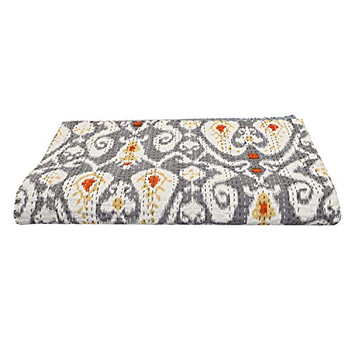 Indian-Shoppers Hippie Grey Ikat Print Kantha Stitch Bedcover Bohemian Cotton Bedspread Indian Quilts Boho Throw Queen Coverlets #TOP1