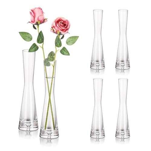 Hewory Glass Bud Vases for Centerpieces Set of 6, Handmade Modern Clear Small Skinny Decorative Single Flower Vase, Minimalist Slim Floral Vase for Home Wedding Party Events Table Decor, 7.87'