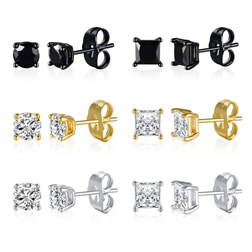 MDFUN 6 Pairs Stud Earrings Set Hypoallergenic Silver/Gold/Black Round & Square 5A+ Cubic Zirconia Earrings 3-7MM for Men Women