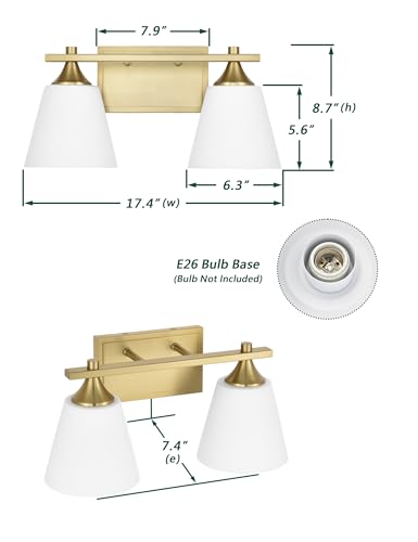Image of Brass Bathroom Vanity Light Fixtures, 2 Lights Traditional Gold Vanity Lighting Fixture with Opal Glass Shade, Porch Wall Mount Light Fixture for Bathroom, Mirror Cabinets Hallway Stairs, Aged Brass
