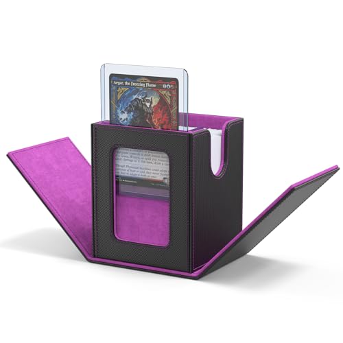 Image of ZLCA MTG Deck Box with Commander Window Display, Trading Card Storage Box Holds 100 Double-Sleeved Cards Suitable for TCG /CCG /PTCG /EDH /Magic /Sport Cards (Black&Purple)
