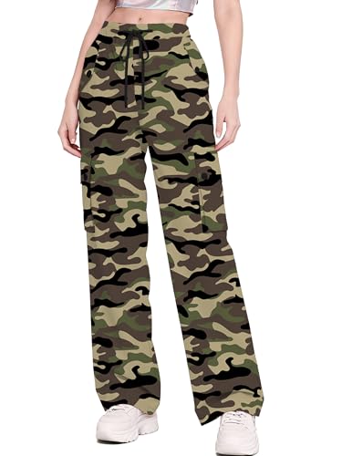 Image of Betusline Girls & Women's High Waist Wide Leg Cargo Pants Y2K Parachute Pants with Pockets and Drawstring 6 Years-Women 2XL