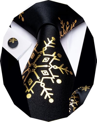 Image of YourTies Christmas Ties for Men Silk Gold Xmas Snowflake Necktie Pocket Square Cufflinks Party Holiday Festival New Year
