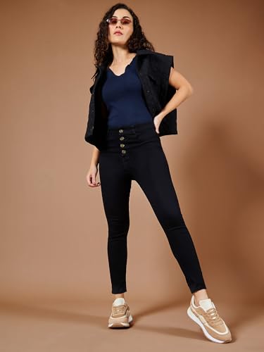 Image of Miss Chase Women's Skinny High Rise Cropped Fringed Hemline Detailing Stretchable Denim Jeans