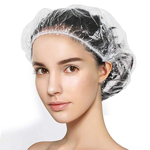 100 Pcs Disposable Shower Caps for Women, Plastic Clear Hair Covers Pack for Long-hair, Elastics Design for Bath, Hairstyling Salon Processing Treatment(Clear)