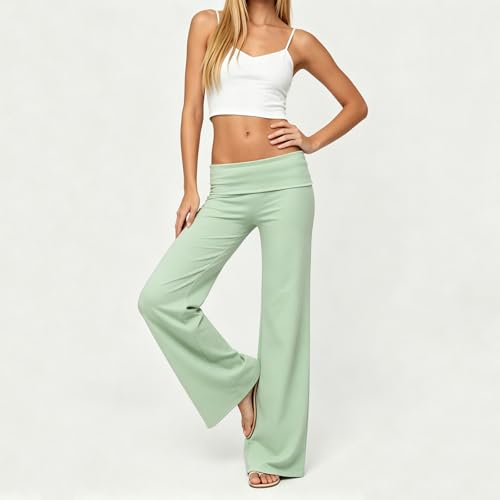 Image of Lounge Yoga Pants for Women Fold Over Low Waist Wide Leg Bell Bottoms | Y2K Foldover Pants, Flare Leggings, Low Rise Yoga Sweatpants