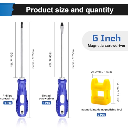 Image of smseace 2-Pack 6 Inch Slotted & Phillips Screwdriver Set, Long Phillips & Flat Head Magnetic Screwdriver with Rubber Handle include Magnetizer Demagnetizer