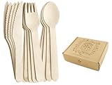 Sembra Compostable Wooden Cutlery Set - Biodegradable Disposable Bamboo Utensils and Plastic Alternative Flatware - Eco Friendly Party Silverware -100 Forks 50 Spoons 50 Knives in Chic Container