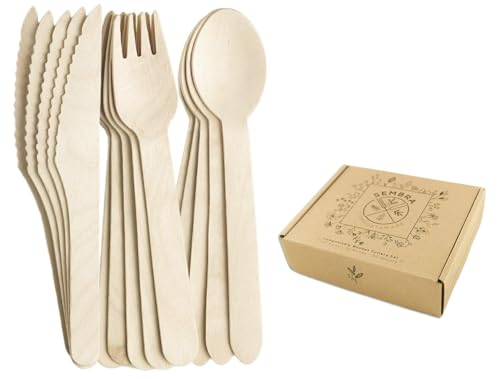 Disposable Wooden Cutlery Set - 100% Biodegradable Natural Utensils - Eco Friendly, Compostable Plastic Alternative Flatware - Birch made- Party Kit of 200 -100 Forks 50 Spoons 50 Knives