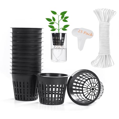 ORIMERC 25 Stück 7.6 cm Netz-Töpfe mit 9 m Hydrokultur-Docht und 25 Stück Pflanzen-Etiketten, Aquaponics Einmachglas-Einsatz mit Orchideenrand und Netzkörben, Garten, kratky wachsendes Gemüse