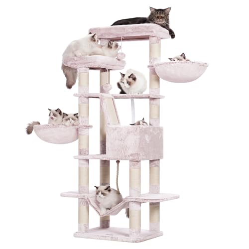 Image of Heybly Cat Tree, 68 inch Multi-Level Cat Tower for Indoor Cats HCT025MU | Cat Condo with 2 Widened Plush Perches, 2 Cozy Baskets, Scratching Board and Big Caves, Rosy Brown