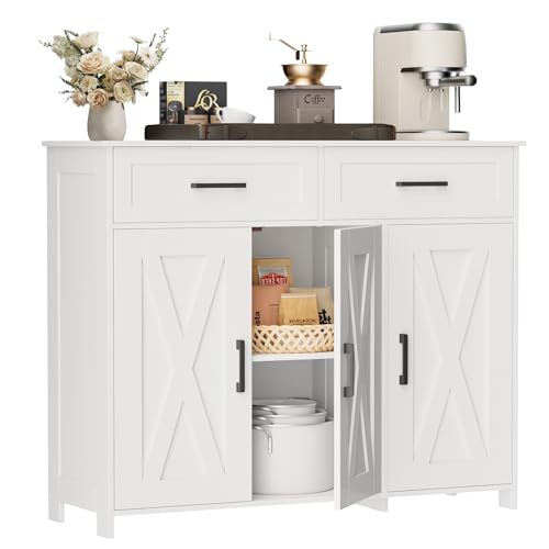 Homhedy Sideboard Buffet Cabinet, Coffee Bar Storage Cabinet with Drawers and Doors, Farmhouse Kitchen Cabinet with Adjustable Shelves, for Kitchen, Dining Room, Living Room, White - view 2