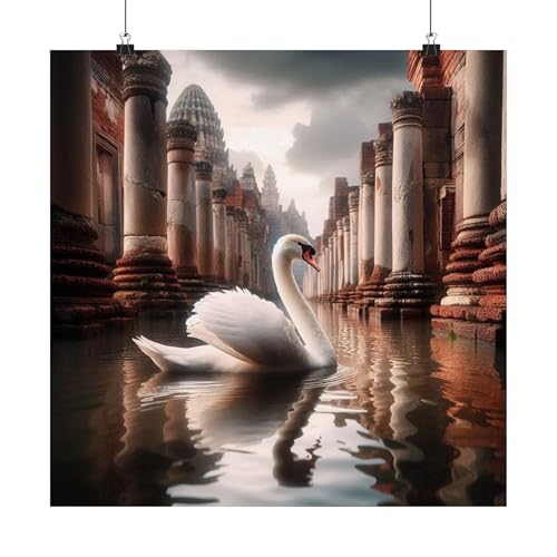 A Swan Gliding Through Flooded Temple Ruins Matte Poster, Made in USA, 18x18 Inch
